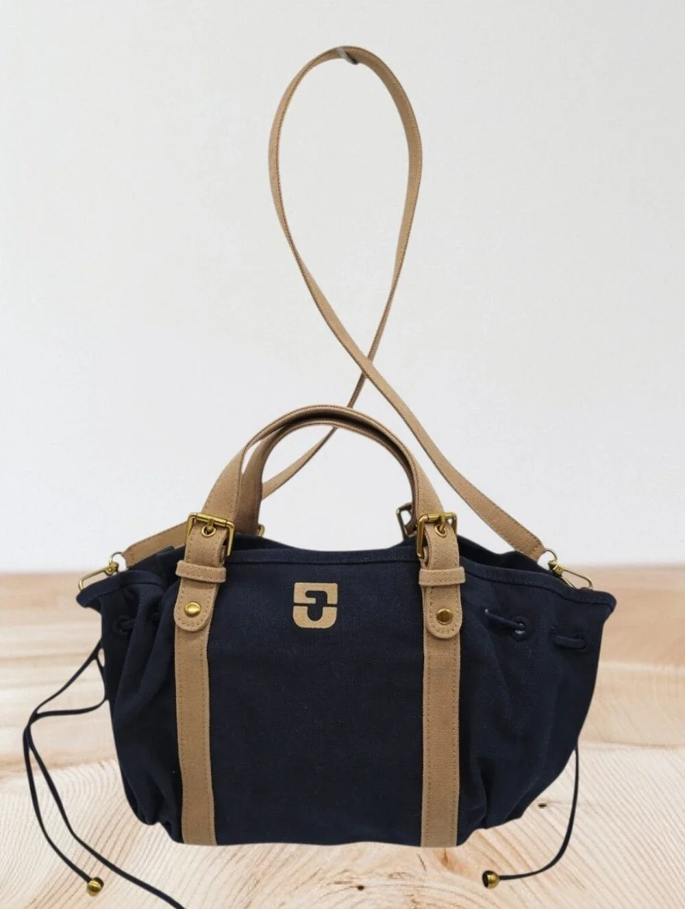 Gerard Darel 18H Canvas Tote Satchel in Blue with Tan Accents